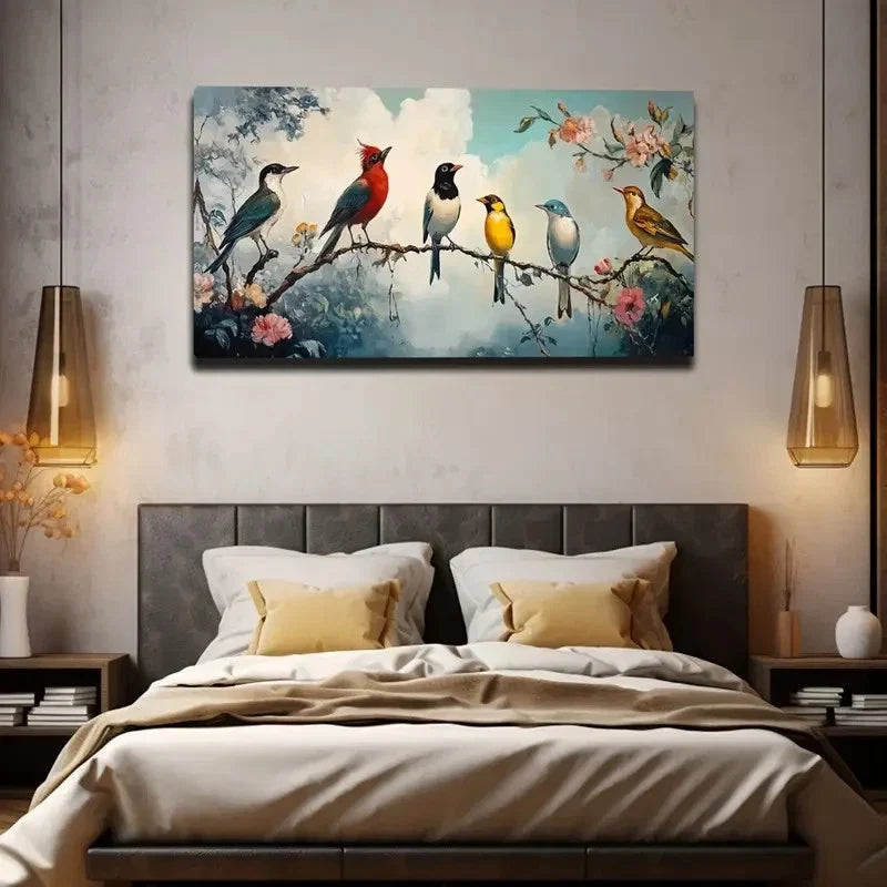 Six Birds Perched On Flowering Wall Art Canvas Office Home Room Framed 120x60cm