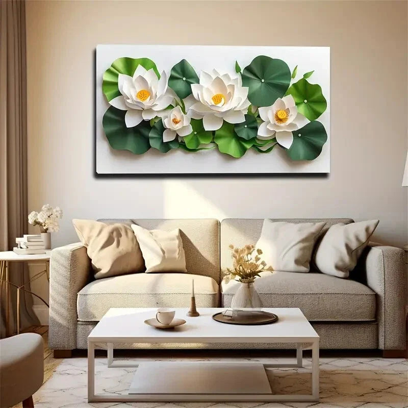 White for Lotus & Green Leaves Wall Art Canvas Office Home Room Framed 120x60cm