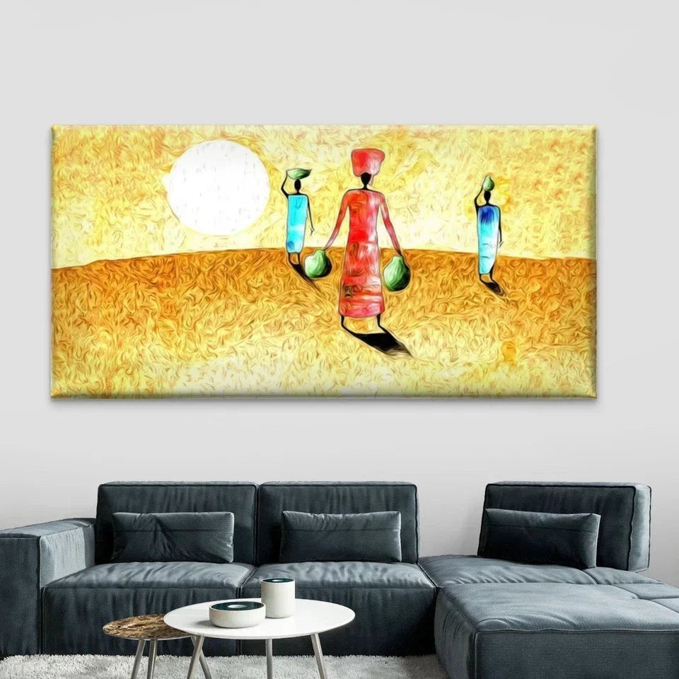 Women Carrying Water Pots Wall Art Canvas Office Home Room Framed 120x60cm