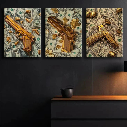 3pcs Handguns and Dollar Bills Design Metal Print Ready to Hang Art