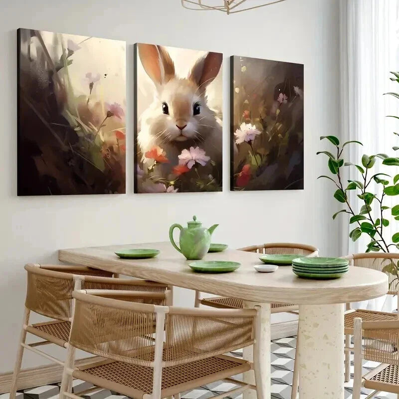 3pcs Abstract Cute Bunny Flowers Brown Rabbit Wall Art Set Canvas Framed 40x60cm - High Quality Print 100% Australian Made Wall Canvas Ready to Hang