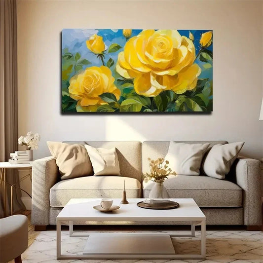 Yellow Rose Blooming Wall Art Canvas Office Home Room Framed 120x60cm