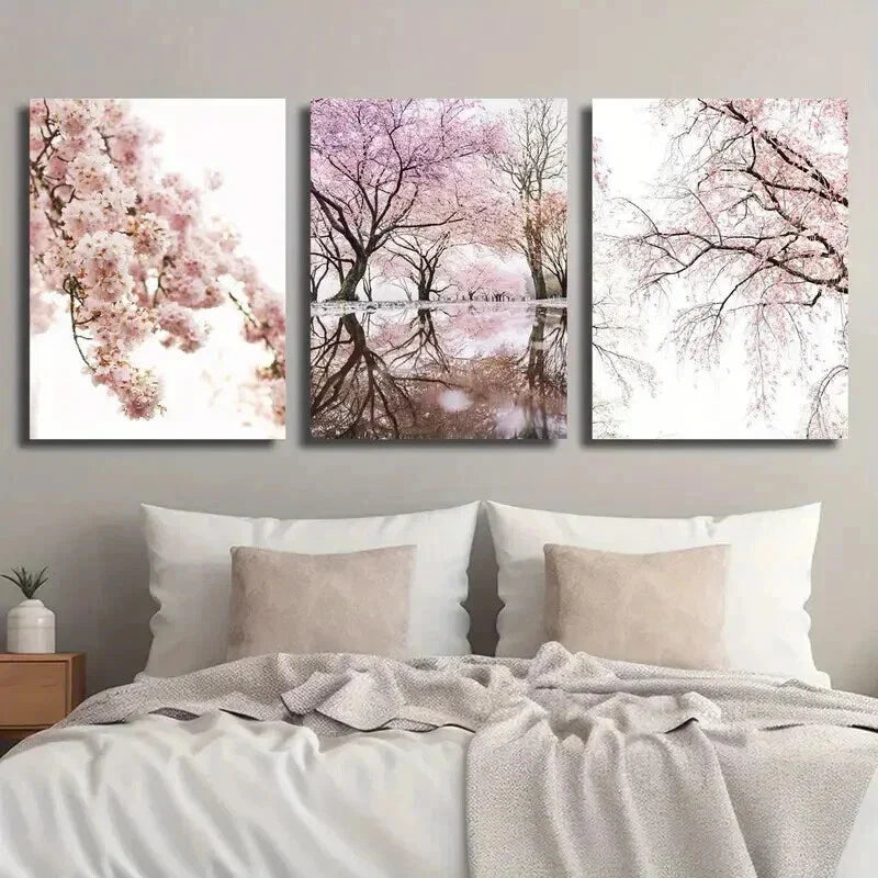 3pcs Sakura Tree Flower Reflection on Water Wall Art Set Canvas Framed 40x60cm - High Quality Print 100% Australian Made Wall Canvas Ready to Hang