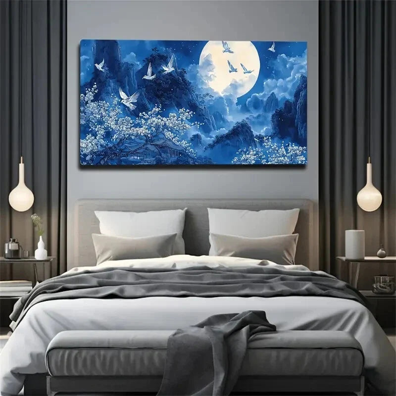 Blooming Trees & Full Moon Wall Art Canvas Office Home Room Framed 120x60cm