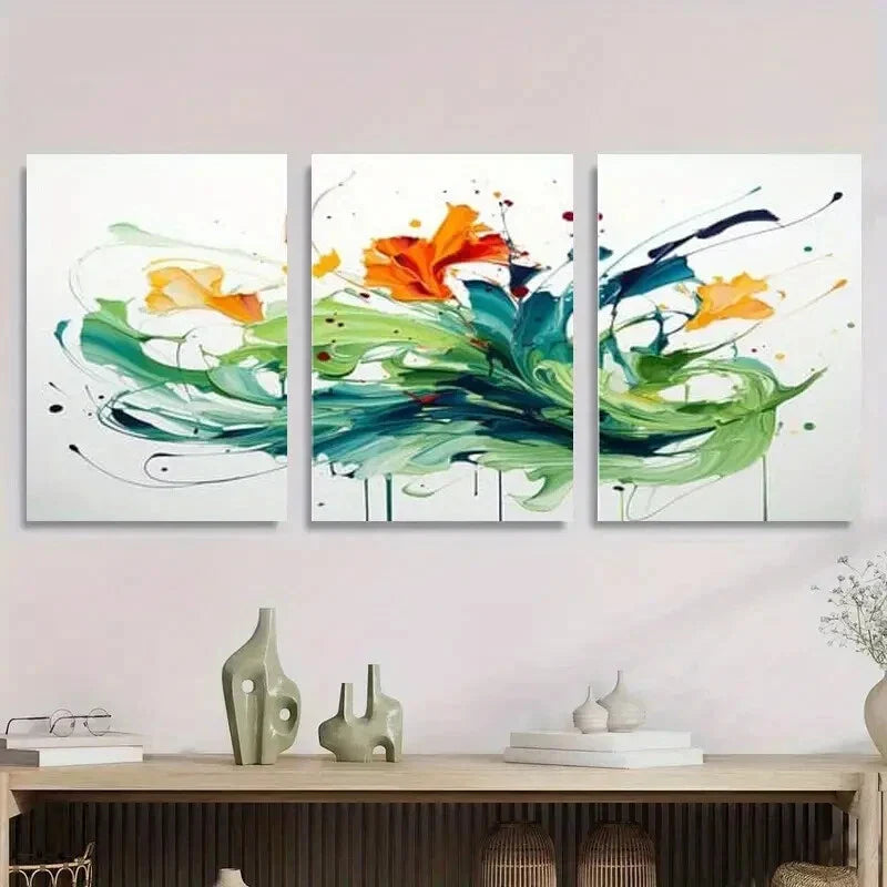 3pcs Vibrant Colorful Flowers with Fluid Design Metal Print Ready to Hang Art