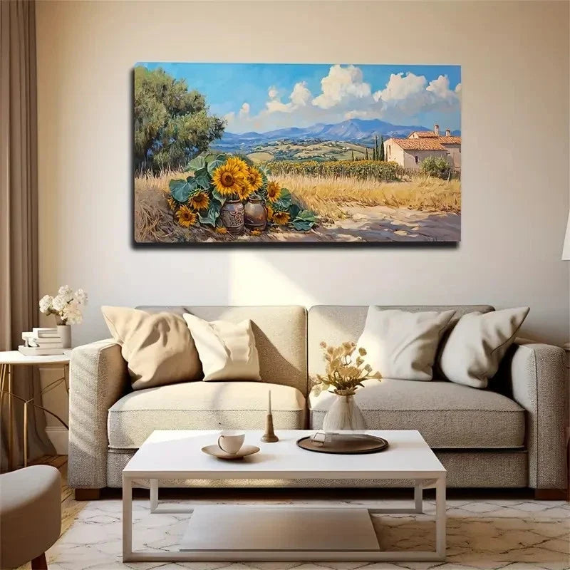 Vibrant Sunflower Landscape Wall Art Canvas Office Home Room Framed 120x60cm