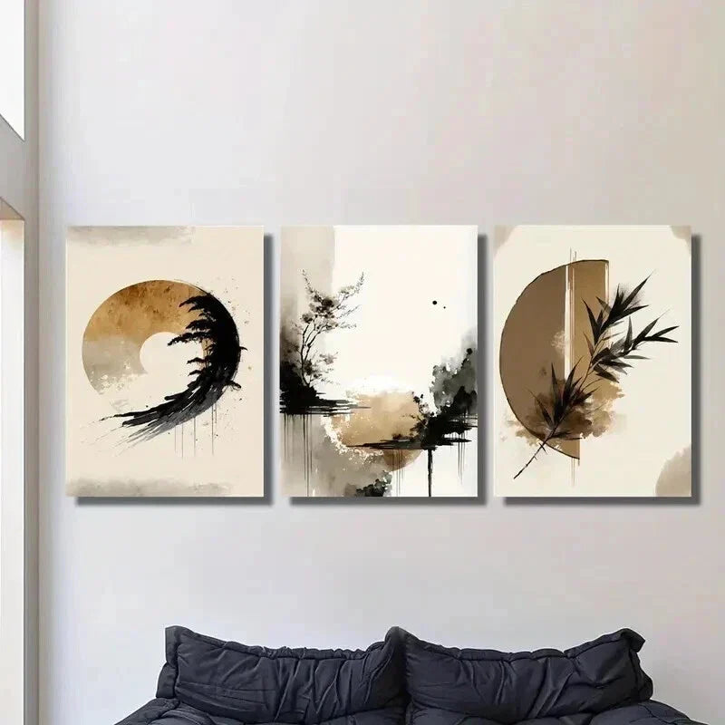 3pcs Natural Beige Wash Leaf & Zen Landscape Wall Art Set Canvas Framed 40x60cm - High Quality Print 100% Australian Made Wall Canvas Ready to Hang