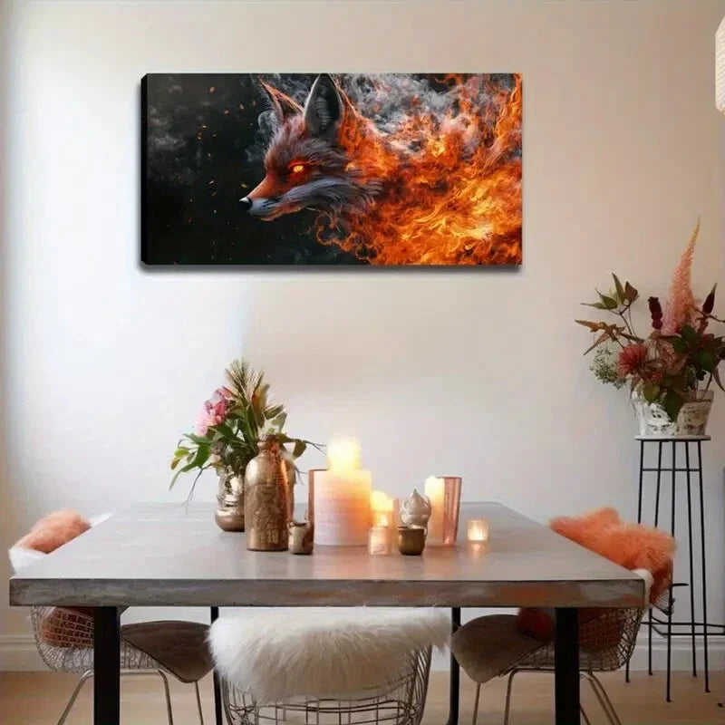 Fox and Fire Modern Minimalist Wall Art Canvas Office Home Room Framed 120x60cm