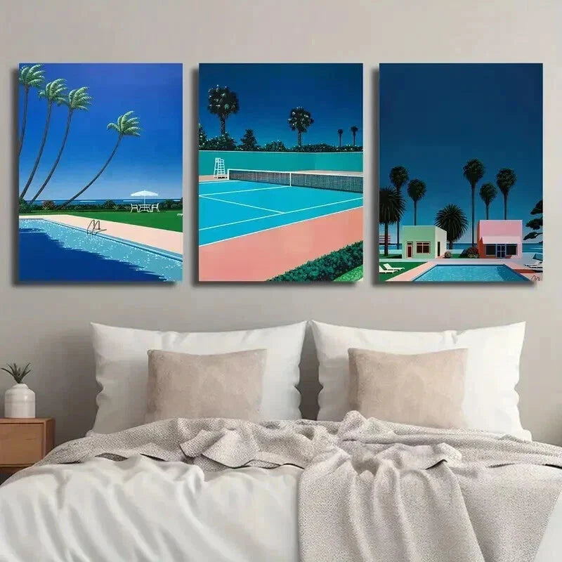 3pcs Coastal Landscape & Poolside Palm Trees Wall Art Set Canvas Framed 40x60cm - High Quality Print 100% Australian Made Wall Canvas Ready to Hang