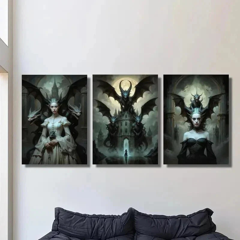 3pcs Haunted Dragon Queen Castle Illustration Wall Art Set Canvas Framed 40x60cm - High Quality Print 100% Australian Made Wall Canvas Ready to Hang
