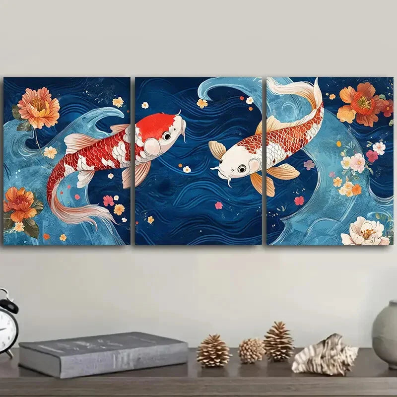 3pcs - Red and White Koi Fish with Floral Design, Metal Print Ready to Hang Art