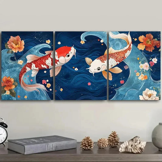 3pcs - Red and White Koi Fish with Floral Design, Metal Print Ready to Hang Art