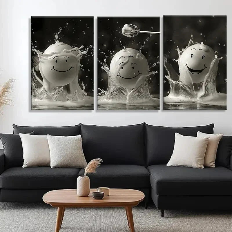 3pcs Smiling Milk Splash Whimsical Perfect Wall Art Set Canvas Framed 40x60cm - High Quality Print 100% Australian Made Wall Canvas Ready to Hang