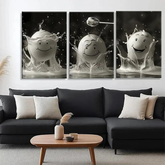 3pcs Smiling Milk Splash Whimsical Perfect Wall Art Set Canvas Framed 40x60cm - High Quality Print 100% Australian Made Wall Canvas Ready to Hang