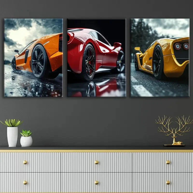 3pcs Fashion Sport Car Tree Racing Car Gold Red Wall Art Set Canvas Framed 40x60cm - High Quality Print 100% Australian Made Wall Canvas Ready to Hang