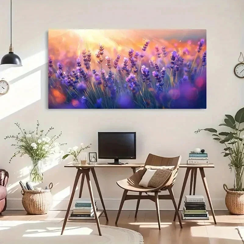 Purple Floral Sunset Lavender Wall Art Canvas Office Home Room Framed 120x60cm