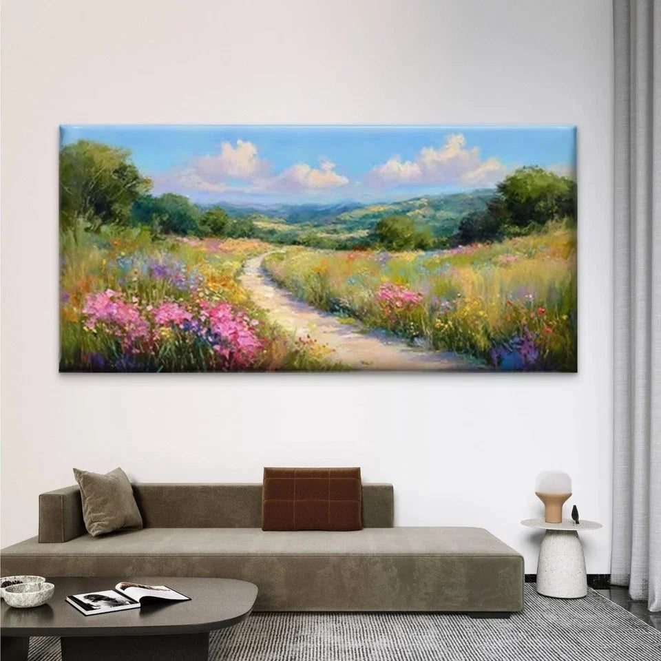 Floral Fields & Rolling Hills Wall Art Canvas Office Home Room Framed 80x45cm