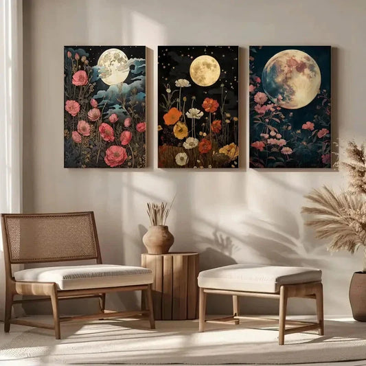 3pcs Moon and Flowers Wildflowers, and Forest Metal Print Ready to Hang Art