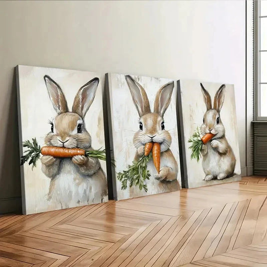 3pcs Cute Rabbit Orange Carrot Green Leaves Wall Art Set Canvas Framed 40x60cm - High Quality Print 100% Australian Made Wall Canvas Ready to Hang