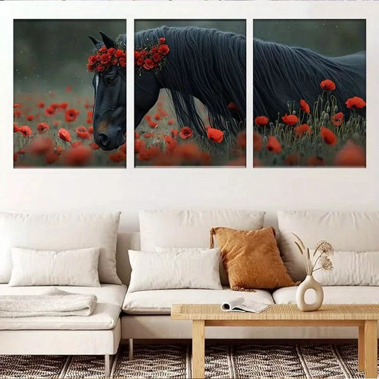 3pcs  Elegant Poppy Field Majestic Black Horse Wall Art Set Canvas Framed 40x60cm - High Quality Print 100% Australian Made Wall Canvas Ready to Hang