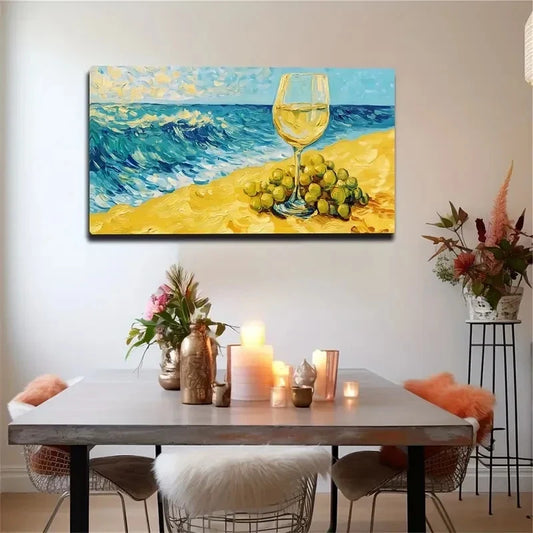 Modern Beach Scene Grapes Wall Art Canvas Office Home Room Framed 80x45cm
