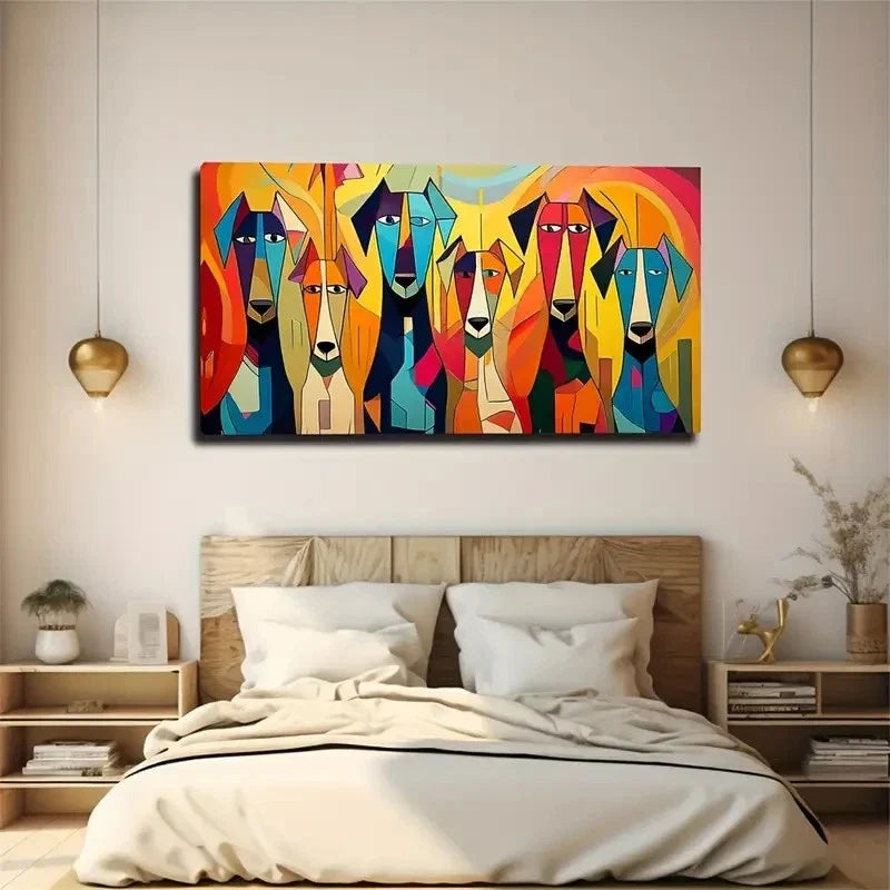 Vibrant Abstract Dog Wall Art Canvas Office Home Room Framed 80x45cm