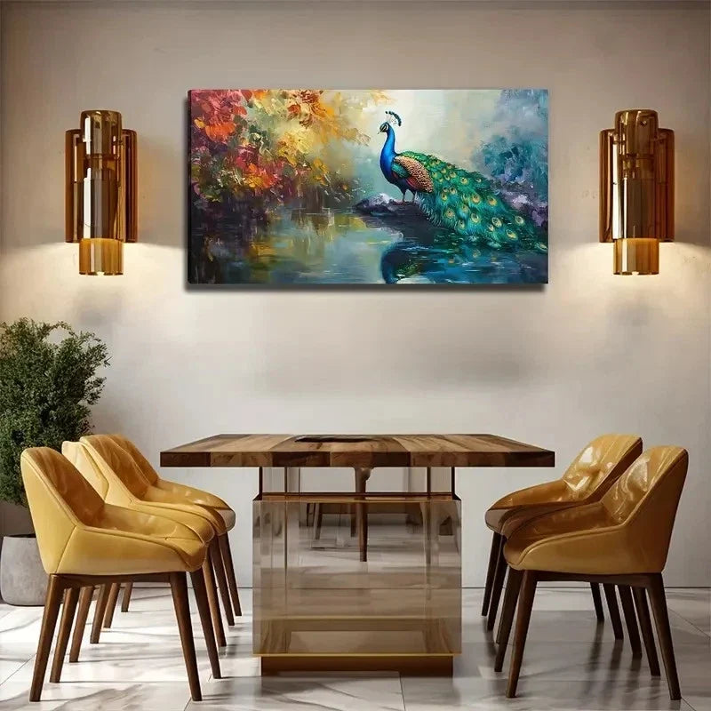 Vibrant Blue & Green Feathers Wall Art Canvas Office Home Room Framed 80x45cm