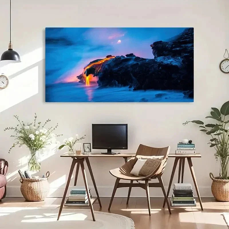 Serene Beach Sunset Lava Wall Art Canvas Office Home Room Framed 120x60cm