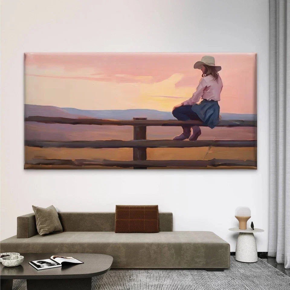 Western Cowboy Girl on Fence Wall Art Canvas Office Home Room Framed 120x60cm