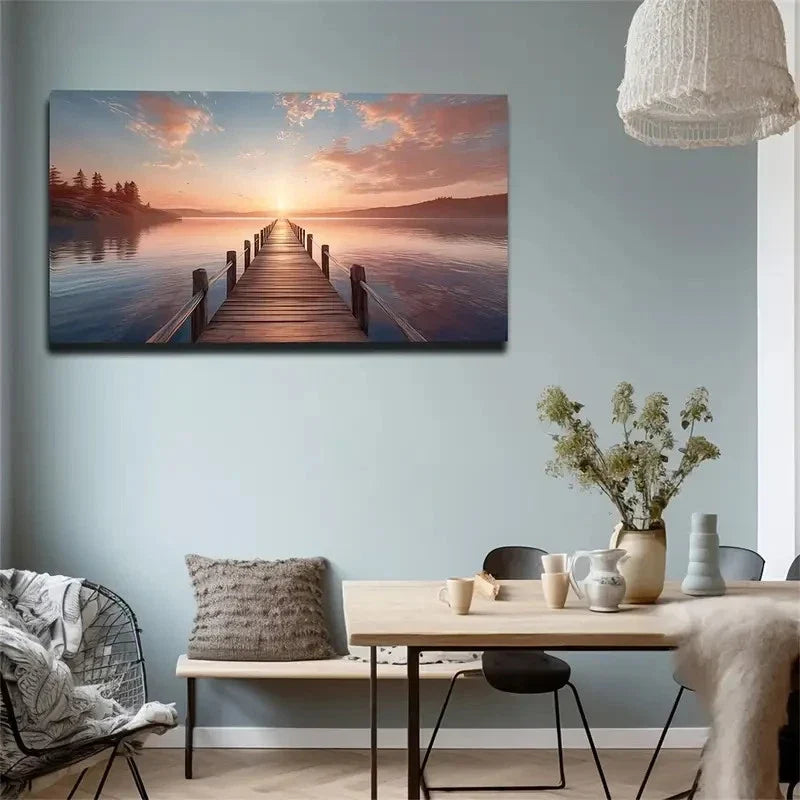 Clear Bridge Dusk Lake Abstract Wall Art Canvas Office Home Room Framed 120x60cm