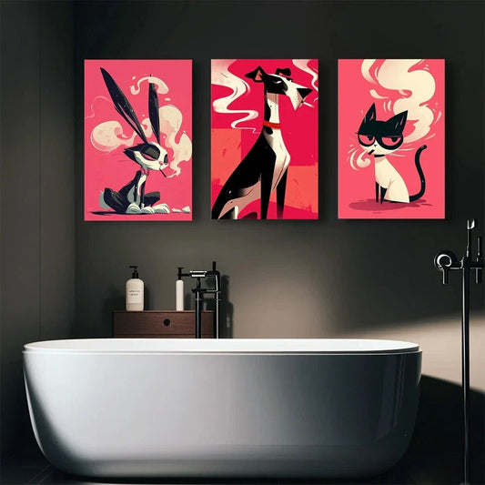 3pcs Modern Pink Abstract Animal Fashionable Metal Print Ready to Hang Art
