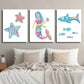 3pcs Cartoon Starfish Mermaid & Shark Wall Art Set Canvas Framed 40x60cm - High Quality Print 100% Australian Made Wall Canvas Ready to Hang