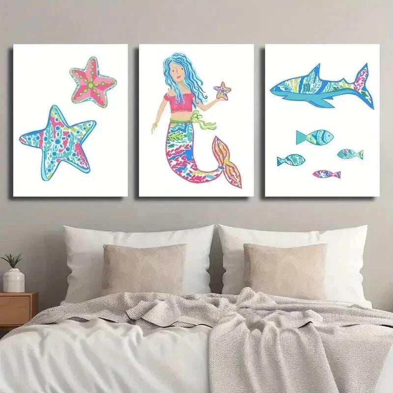 3pcs Cartoon Starfish Mermaid & Shark Wall Art Set Canvas Framed 40x60cm - High Quality Print 100% Australian Made Wall Canvas Ready to Hang