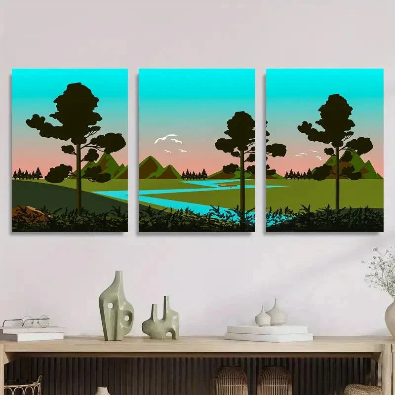 3pcs Abstract Landscape with Trees and River Metal Print Ready to Hang Art