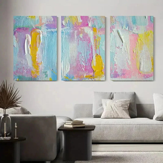3pcs Soft Pink, Yellow, and Blue Textured Design Metal Print Ready to Hang Art