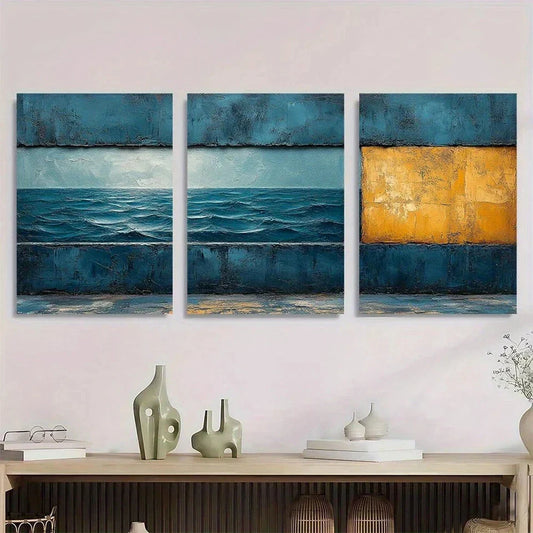 3pcs Abstract Teal Blue and Grey Textured Metal Print Ready to Hang Art
