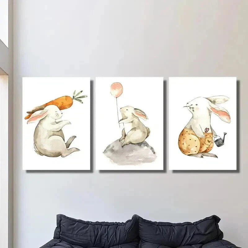 3pcs Rabbits with Carrot & Balloon Wall Art Set Canvas Framed 40x60cm - High Quality Print 100% Australian Made Wall Canvas Ready to Hang