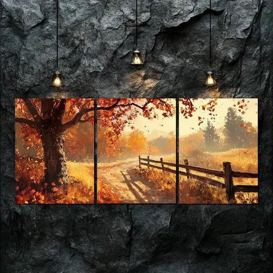3pcs Autumn Tree & Golden Leaves Shine Perfect Wall Art Set Canvas Framed 40x60cm - High Quality Print 100% Australian Made Wall Canvas Ready to Hang
