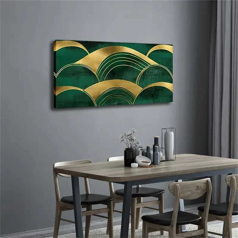 Golden Arc Lines Dark Green Wall Art Canvas Office Home Room Framed 120x60cm