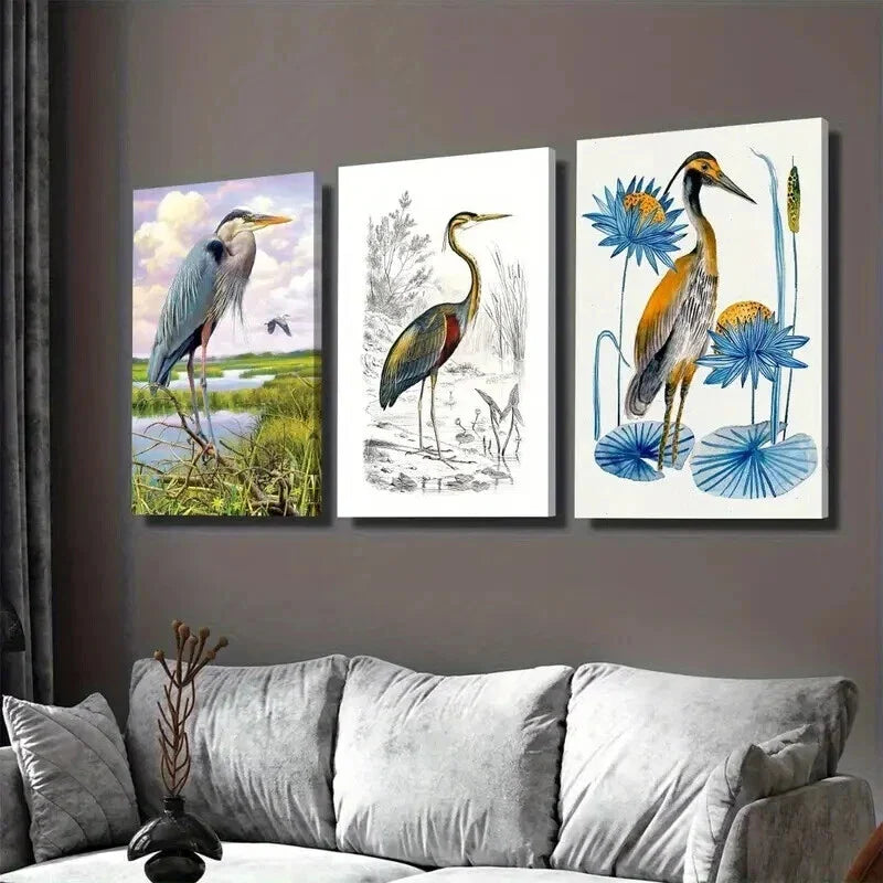 3pcs Herons in Nature Landscape Modern Wall Art Set Canvas Framed 40x60cm - High Quality Print 100% Australian Made Wall Canvas Ready to Hang