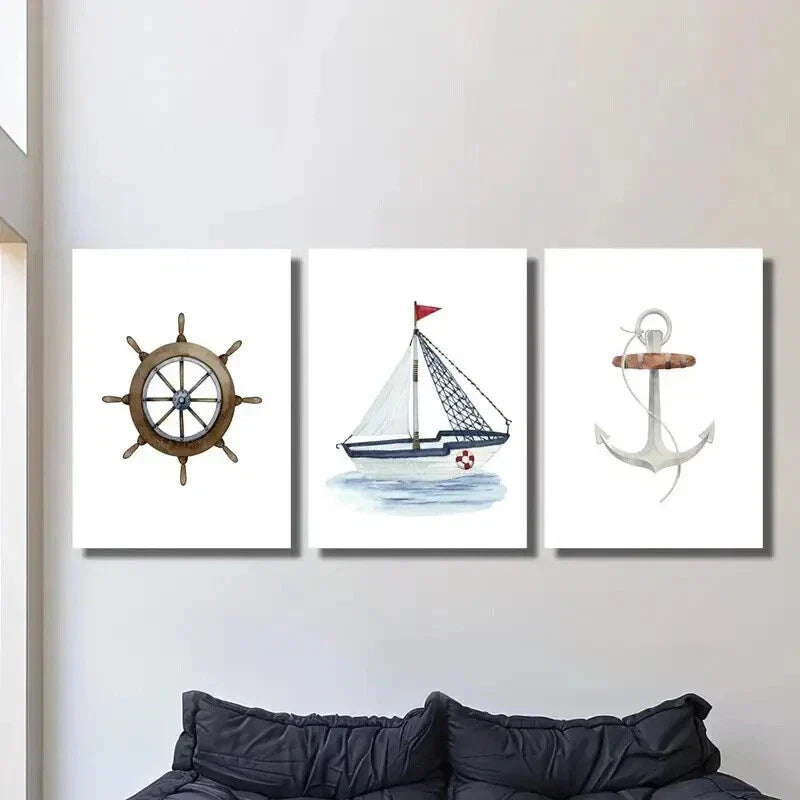 3pcs Painting of Rudder Sailboat and Anchor Wall Art Set Canvas Framed 40x60cm - High Quality Print 100% Australian Made Wall Canvas Ready to Hang