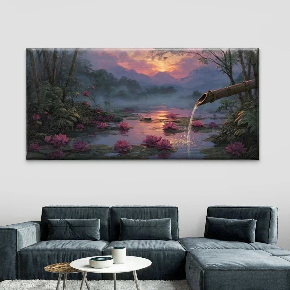 Serene Water with Pink Lotus Wall Art Canvas Office Home Room Framed 80x45cm