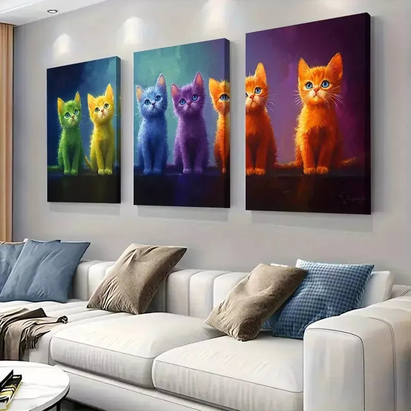 3pcs Cute Rainbow Kitten with big bright eyes Wall Art Set Canvas Framed 40x60cm - High Quality Print 100% Australian Made Wall Canvas Ready to Hang