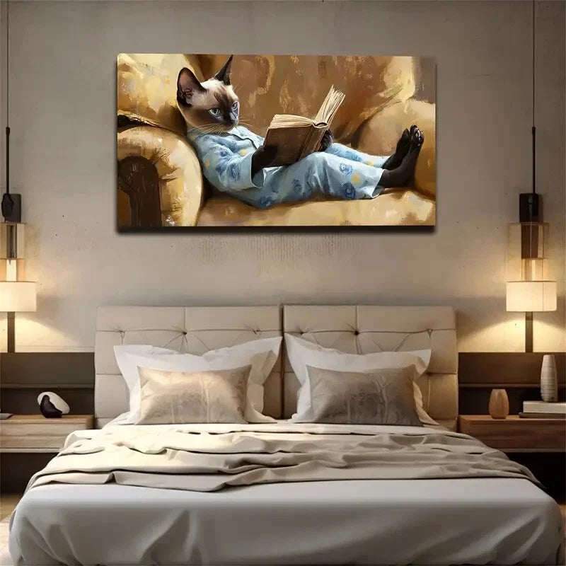 Siam Cat Pajamas Reading Book Wall Art Canvas Office Home Room Framed 120x60cm