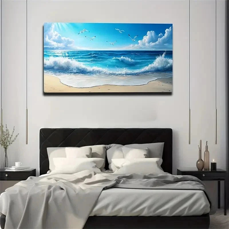Serene Beach Scene Wall Art Canvas Office Home Room Framed 120x60cm