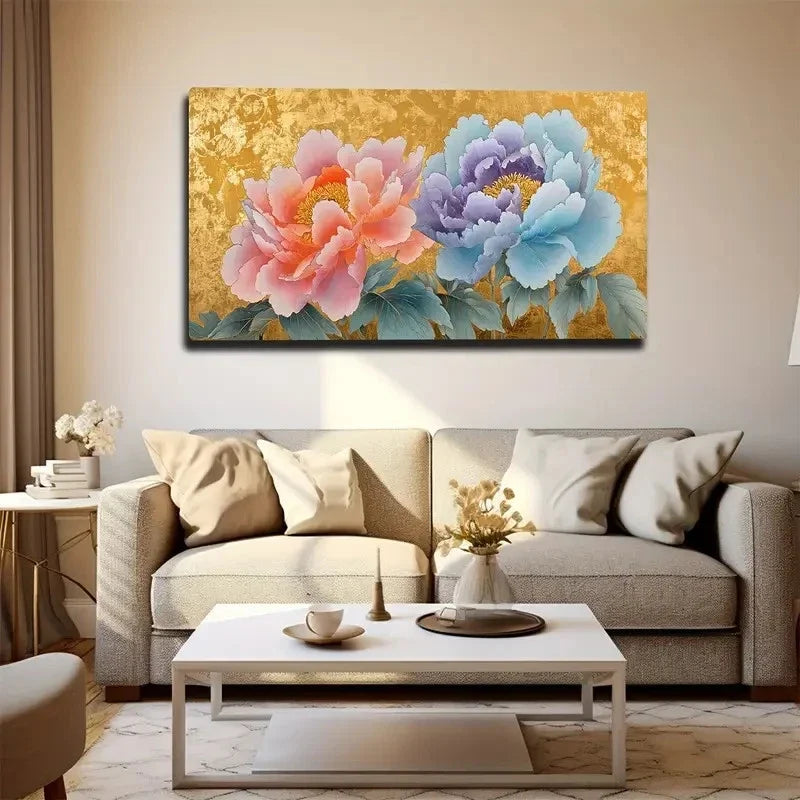 Pink And Blue Peonies Wall Art Canvas Office Home Room Framed 120x60cm