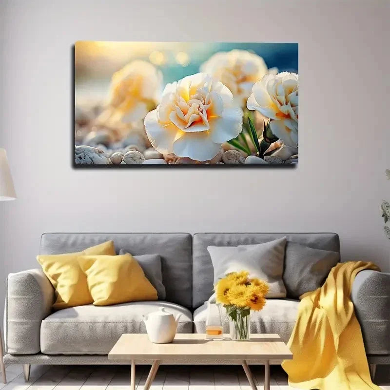 Serene White Flowers Wall Art Canvas Office Home Room Framed 80x45cm