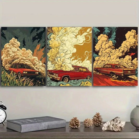 3pcss Red Car Smoke Colorful Background  Wall Art Set Canvas Framed 40x60cm - High Quality Print 100% Australian Made Wall Canvas Ready to Hang