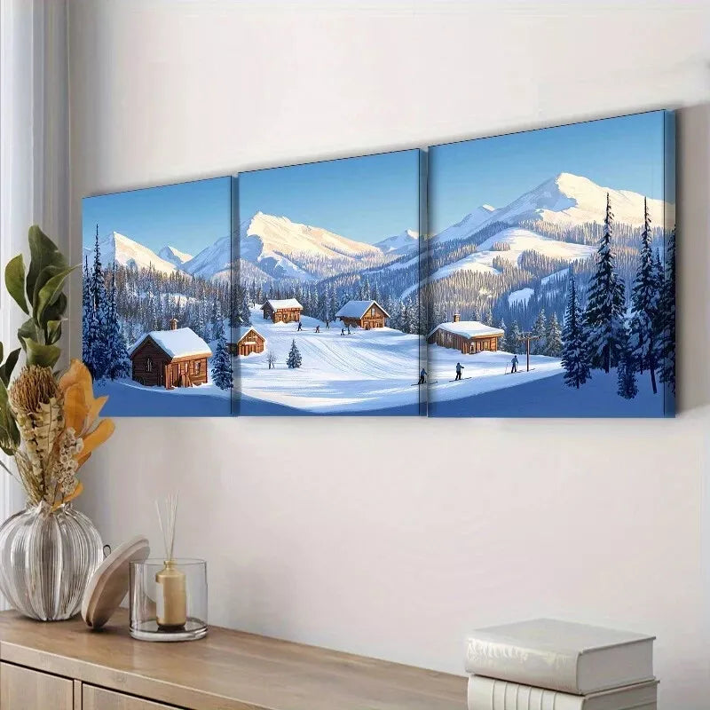 3pcs  Snow Covered Village Mountains Scenery  Wall Art Set Canvas Framed 40x60cm - High Quality Print 100% Australian Made Wall Canvas Ready to Hang