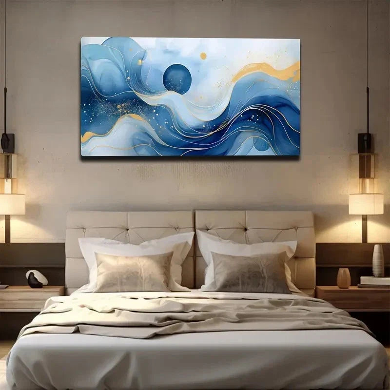 Painting with Blue & Golden Wall Art canvas office home room framed 120x60cm